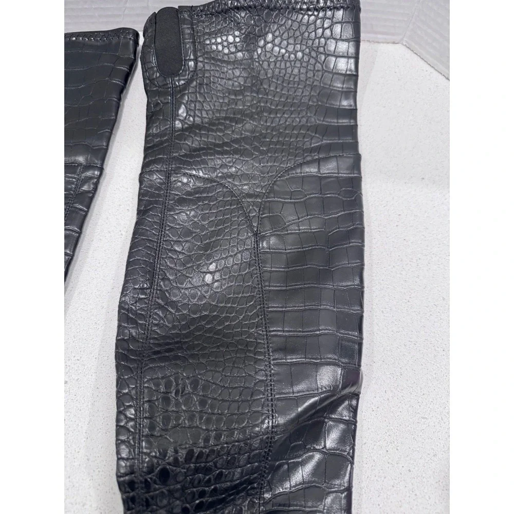 Marc Fisher Lalena 2‎ Black Boots Block Heel Knee High Croc Embossed 6.5M